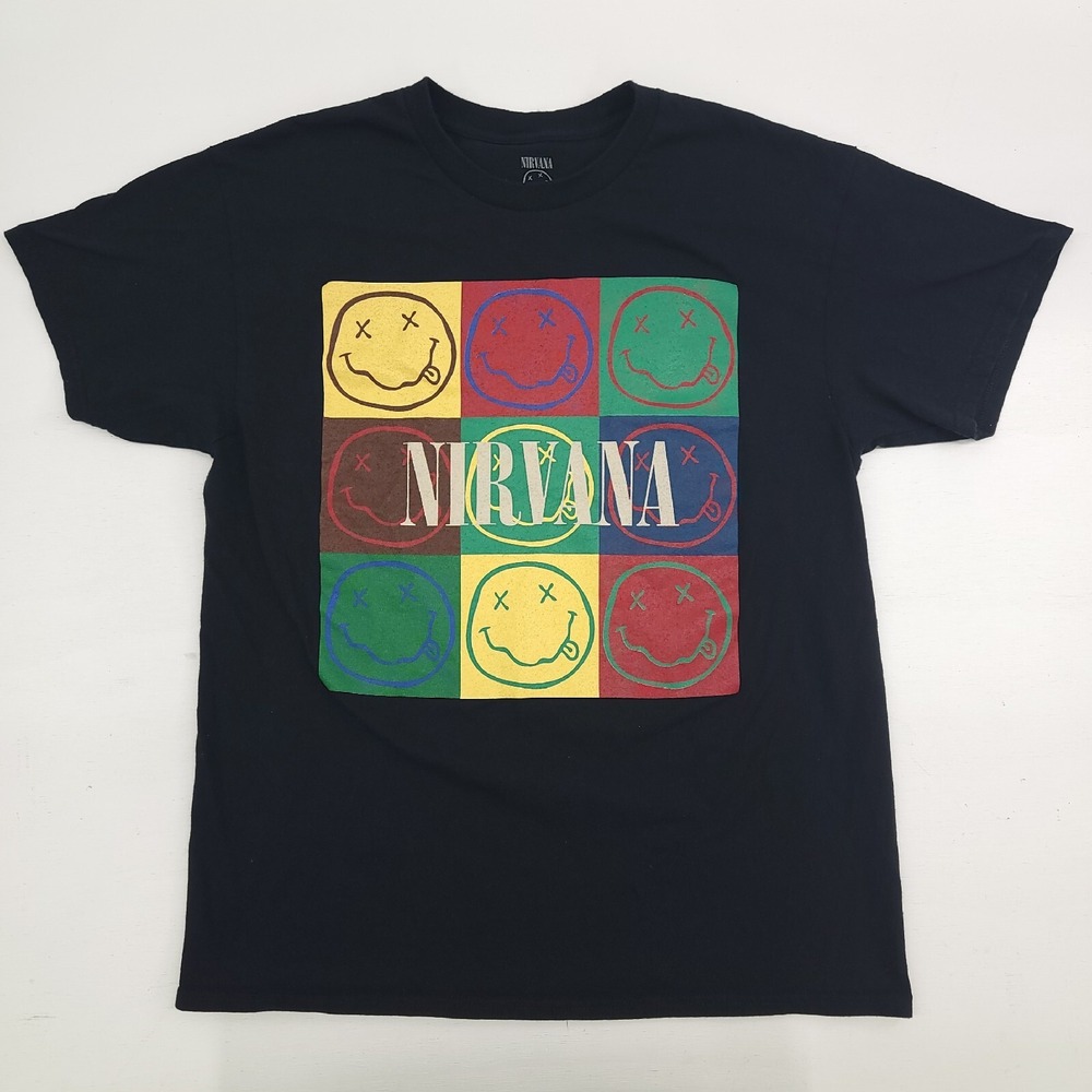 Nirvana Grunge Multiple Smiley Faces Music Band Tee T-Shirt Men's Sz L EUC